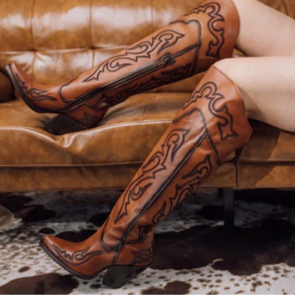 DAN POST SEDUCTRESS BROWN LEATHER THIGH HIGH WESTERN BOOTS~NEW IN BOX SZ 9 - Picture 2 of 8